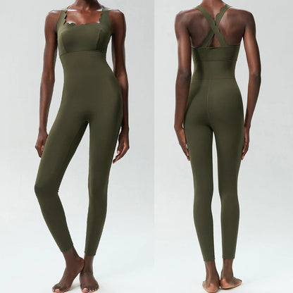 Combi yoga femme kaki bretelles croisées tissu respirant
