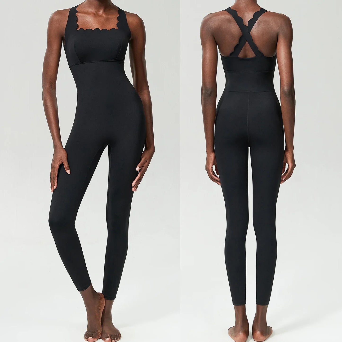 Combi yoga femme noire bretelles croisées dos élégante