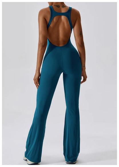Combinaison femme bleu turquoise pour le sport  body pour fitness yoga gym dos nu pantalon évasé