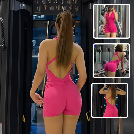 Combinaison femme rose pour le sport  body pour fitness yoga gym dos nu 