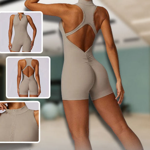 Combinaison femme gris clair pour le sport  body pour fitness yoga gym dos nu 