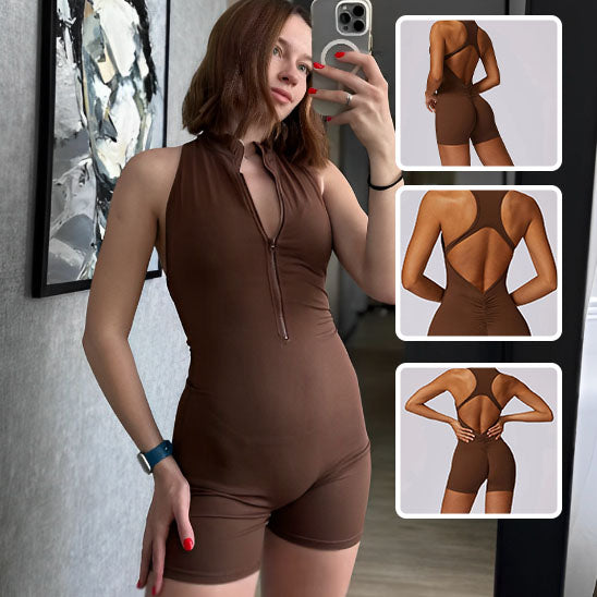 Combinaison femme marron pour le sport  body pour fitness yoga gym dos nu 