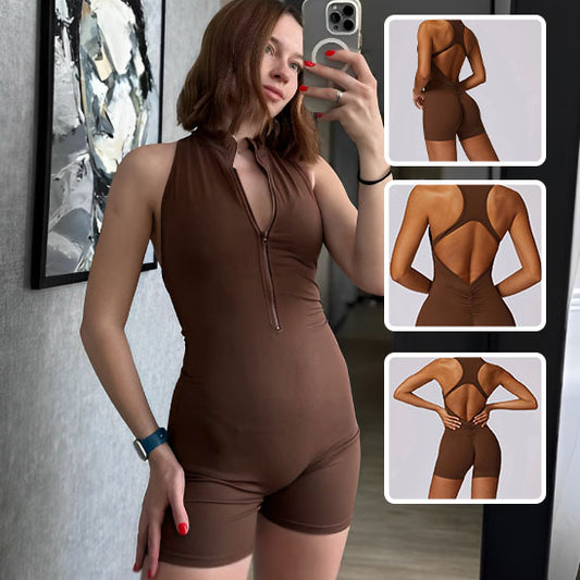 Combinaison femme marron pour le sport  body pour fitness yoga gym dos nu 
