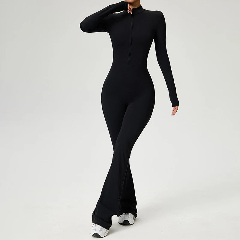 Combinaison fitness femme noire manches longues pantalon évasé fermeture éclair confort