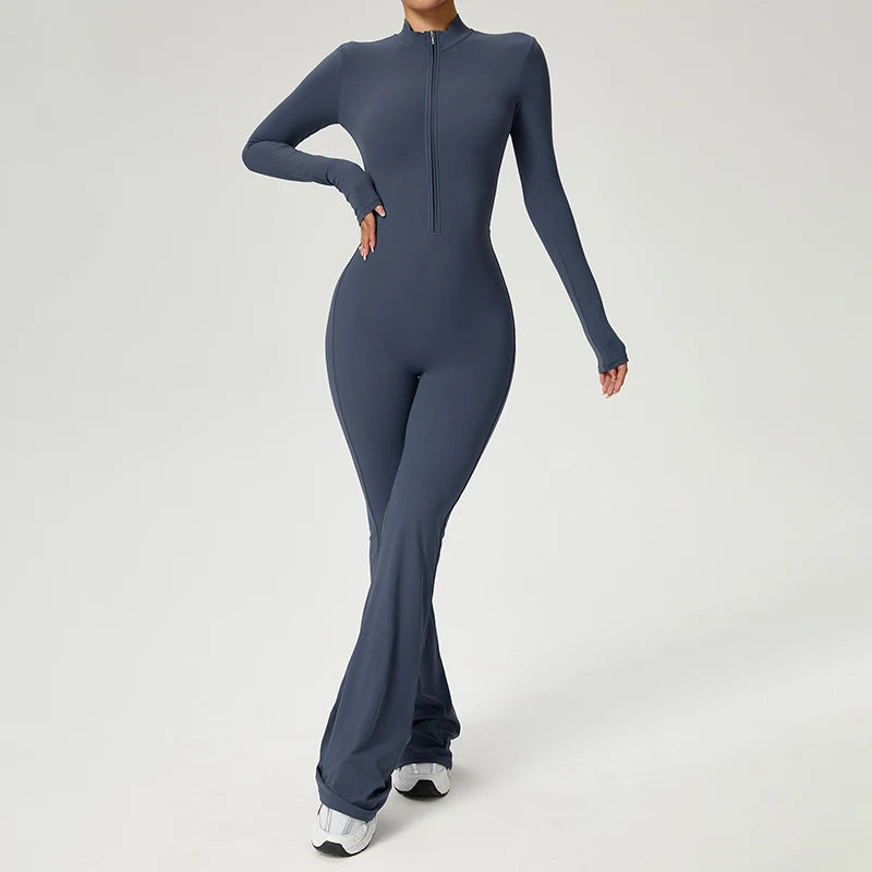 Combinaison fitness femme bleu gris manches longues pantalon évasé fermeture éclair 


