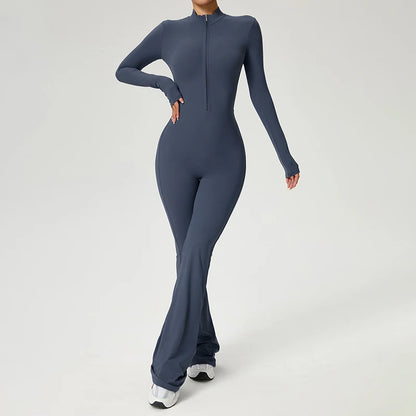 Combinaison fitness femme bleu gris manches longues pantalon évasé fermeture éclair 

