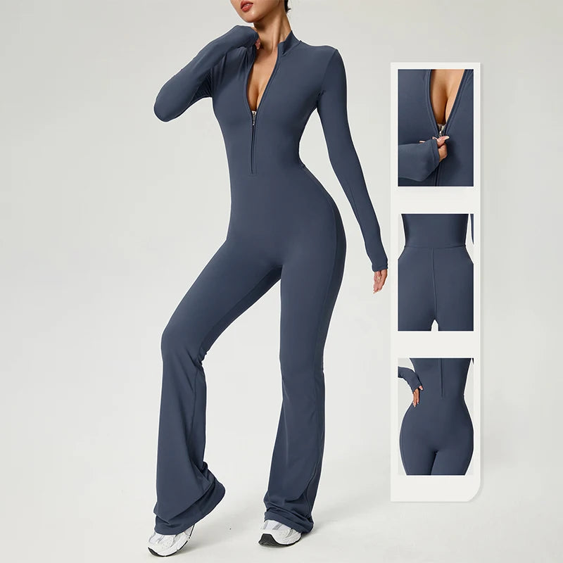 Combinaison fitness femme bleu gris manches longues pantalon évasé fermeture éclair zippé