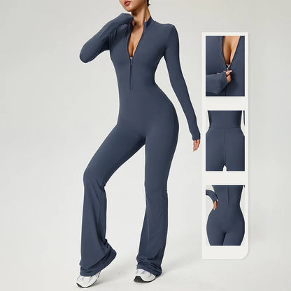 Combinaison fitness femme bleu gris manches longues pantalon évasé fermeture éclair zippé