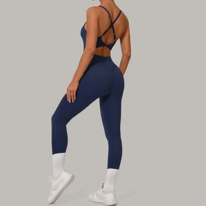 Combinaison legging femme bleue dos croisé liberté de mouvement