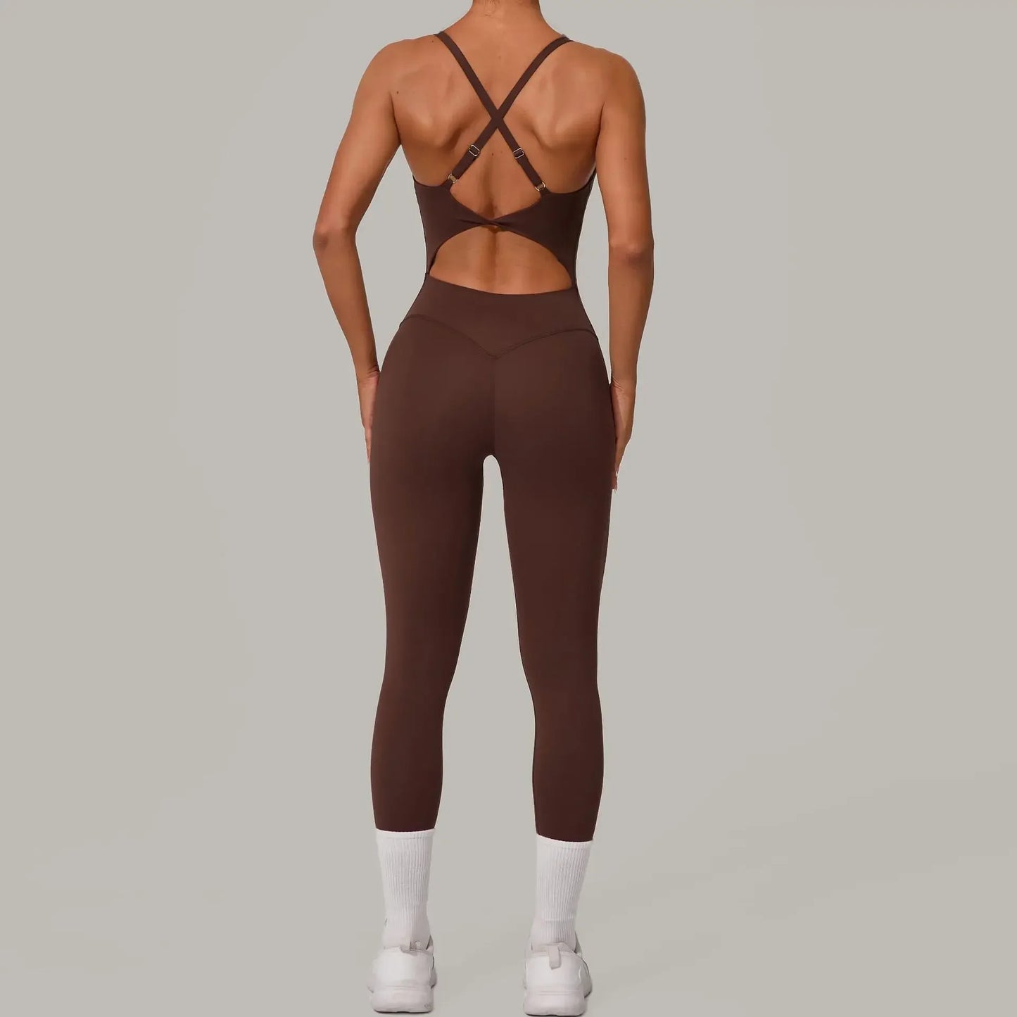 Combinaison legging femme bretelles dos nu marron effet push up
