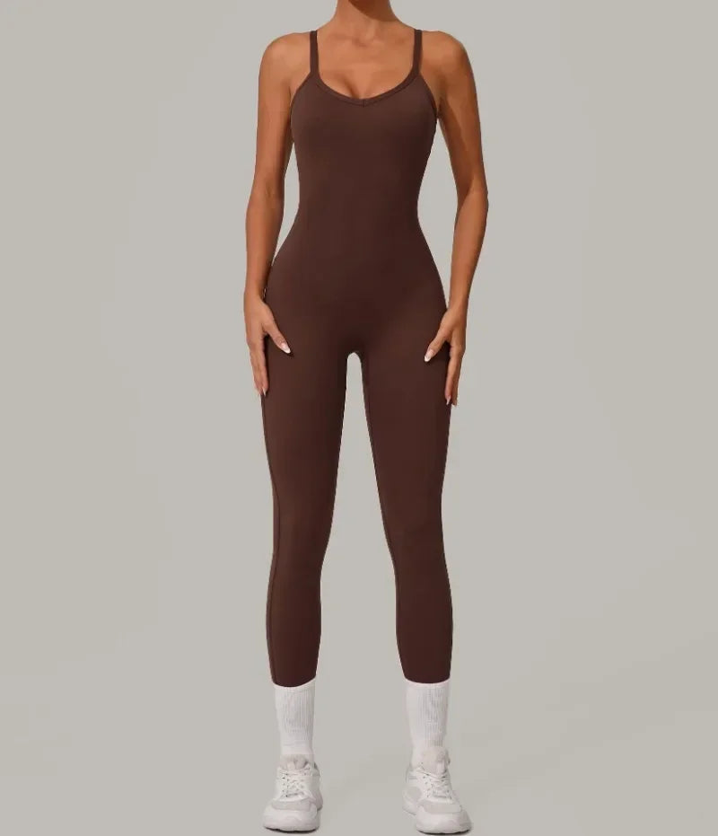 Combinaison legging femme marron vue de face yoga fitness sport