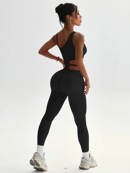 Combinaison pilates femme noire asymétrique – découpe taille effet gainant