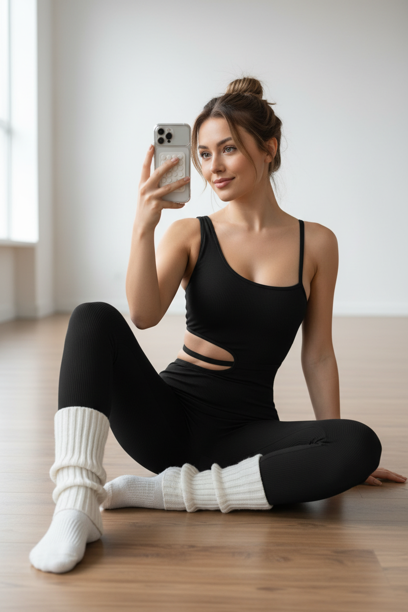 Combinaison pilates femme noire assise téléphone– tenue une pièce confortable et stylée