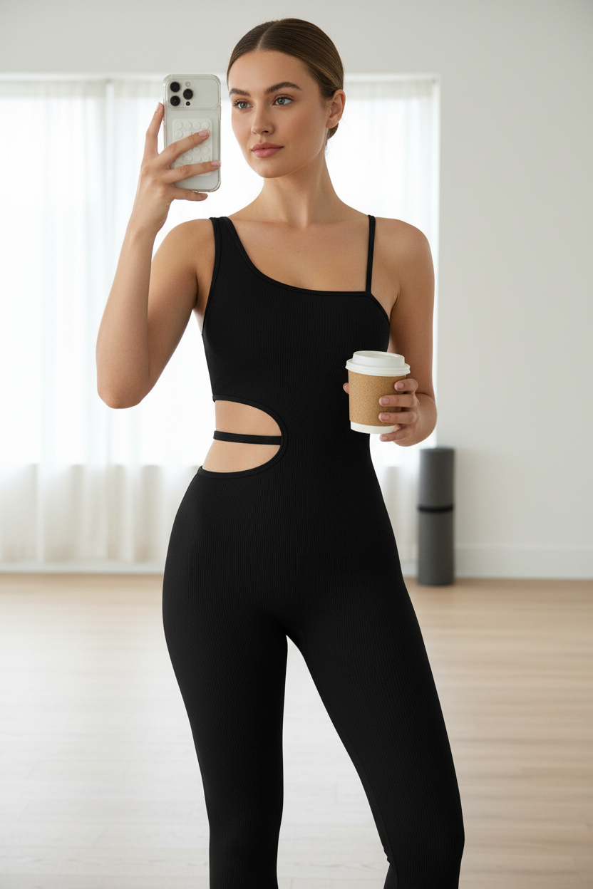 Combinaison yoga femme noire debout téléphone – silhouette gainée studio de yoga