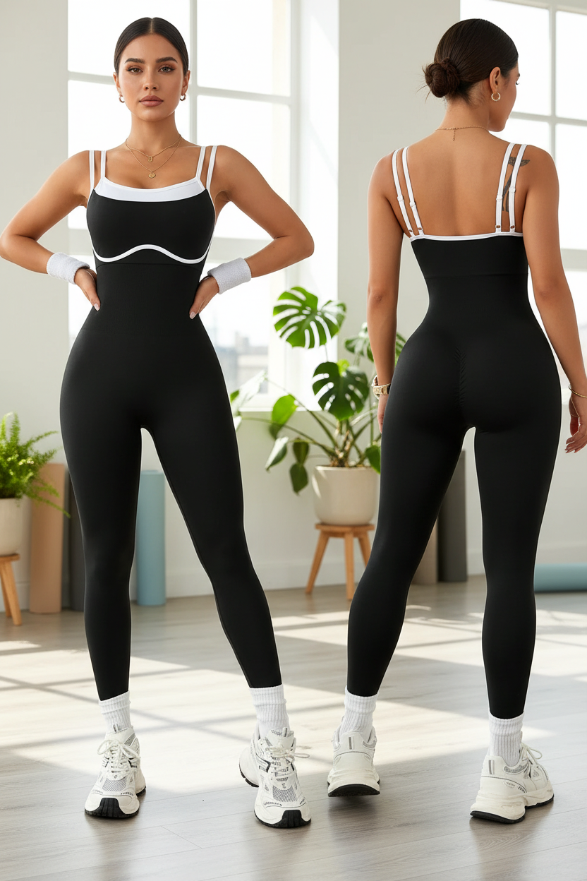 Combinaison sport fitness noire dans studio yoga