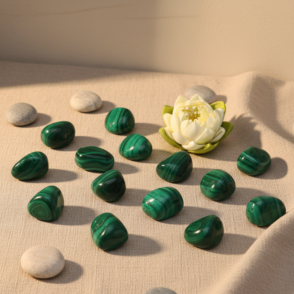 Malachite pierres roulées décoration zen intérieur lin naturel minéral