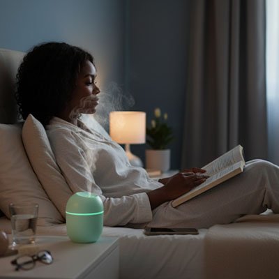 Diffuseur d'huiles essentielles vert sur table de chevet femme lisant au lit