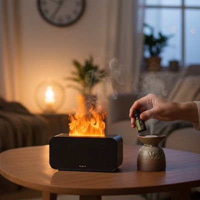 Diffuseur huile essentielle ambiance flamme salon zen