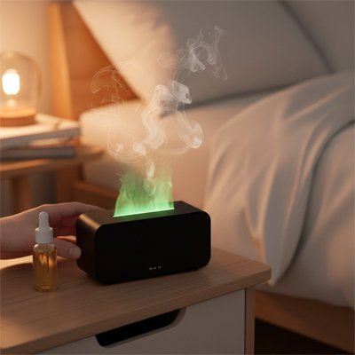 Diffuseur huile essentielle flamme bleue sur table de nuit chambre