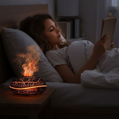 Diffuseur huile essentielle flamme femme allongée dans son lit qui lit