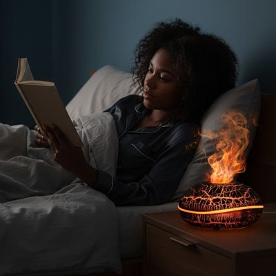 Diffuseur huile essentielle flamme femme qui lit dans son lit