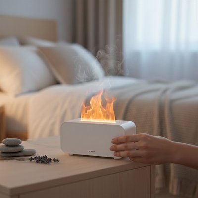 Diffuseur huile essentielle flamme sur table de chevet chambre