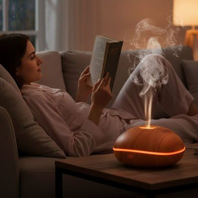 Diffuseur huile essentielle vapeur femme allongée dans son canapé qui lit
