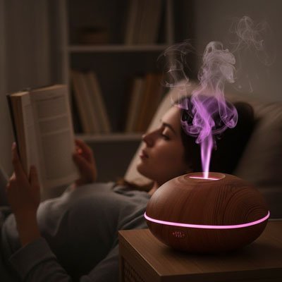 Diffuseur huile essentielle vapeur femme allongée dans son lit qui lit