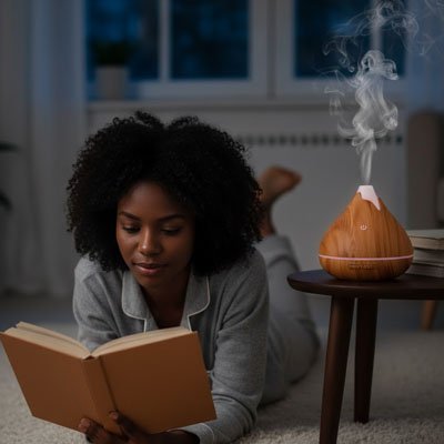 Diffuseur huile essentielle vapeur sur table basse femme qui lit allongée à plat ventre à terre