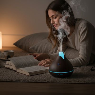 Diffuseur huile essentielle vapeur sur table de nuit femme qui lit au lit