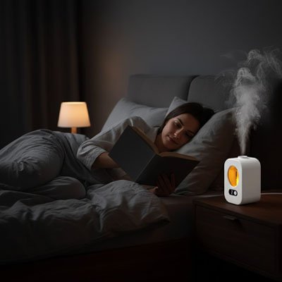 Diffuseur huile essentielle vapeur sur table de nuit femme qui lit au lit