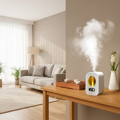 Diffuseur huile essentielle vapeur sur table de salon