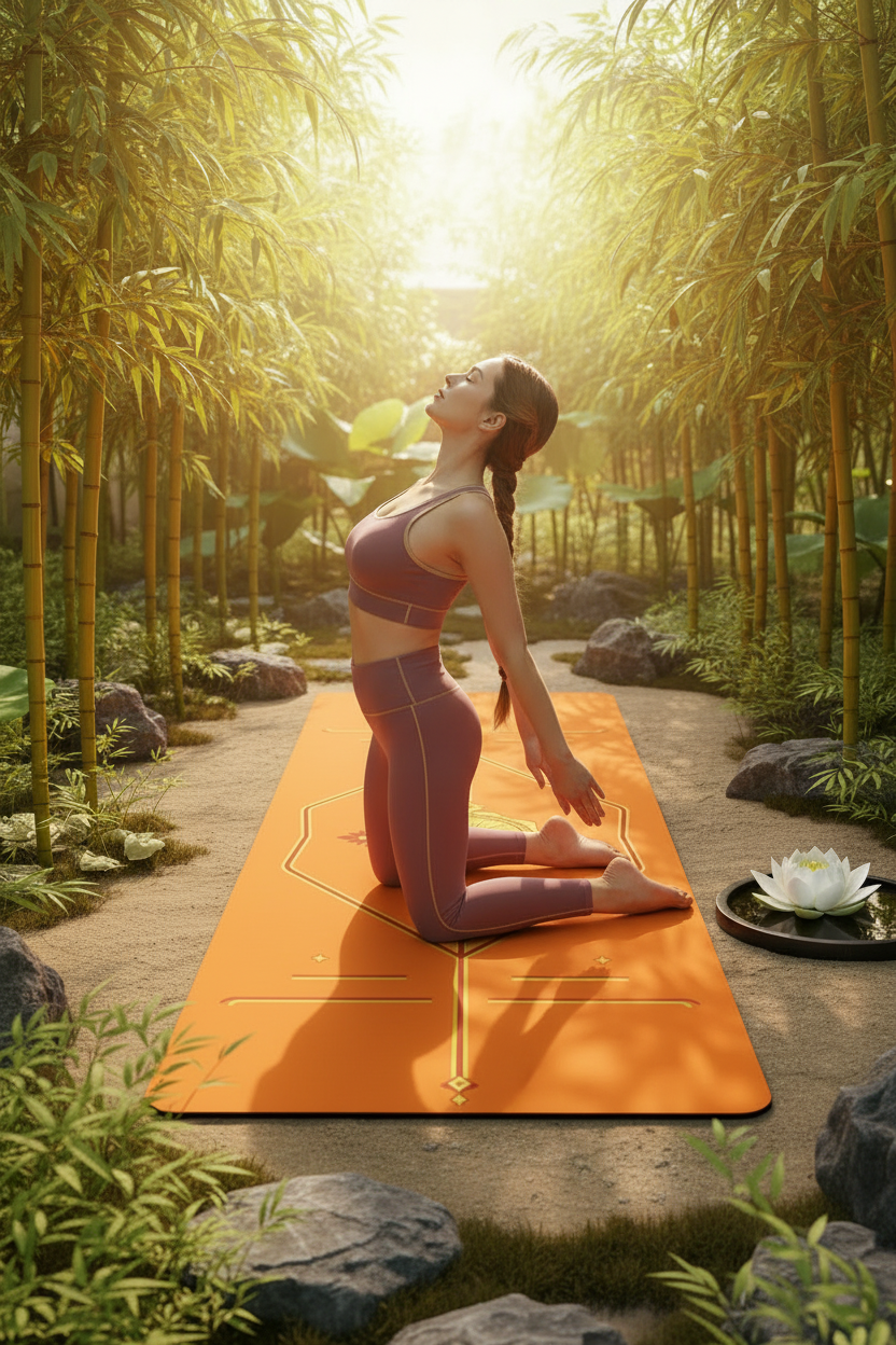 Femme yoga tapis orange zen