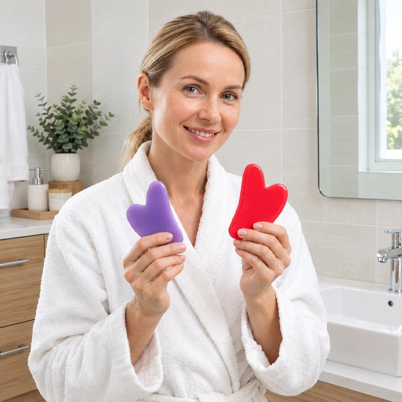 Gua sha forme de coeur violet ou rose femme souriante  