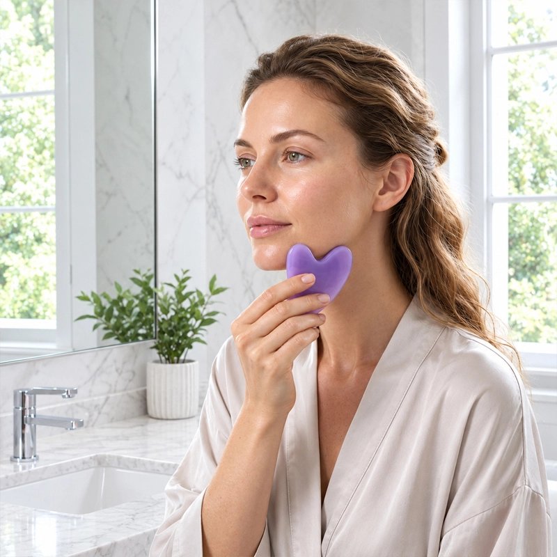 Gua sha forme de coeur violet utilisé par une femme soin du visage