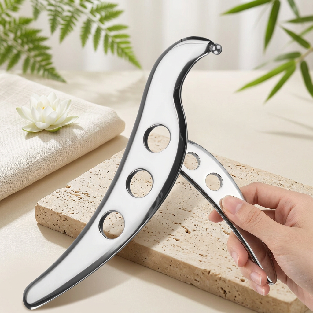 Gua sha metal argenté posé sur un galet, avec une serviette et un lotus blanc dans un décor spa.