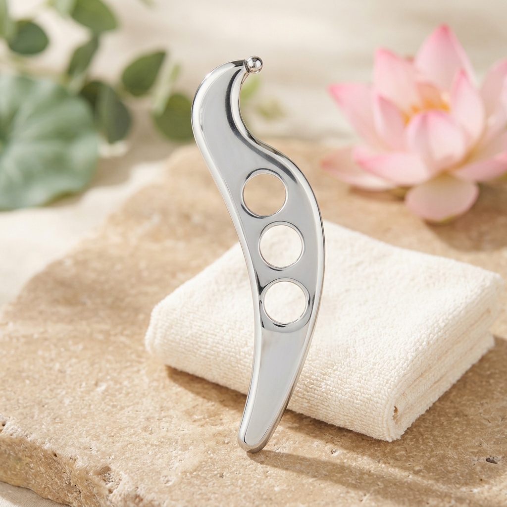 Gua sha metal en acier inoxydable à trois ouvertures, présenté verticalement devant une serviette et un lotus rose.
