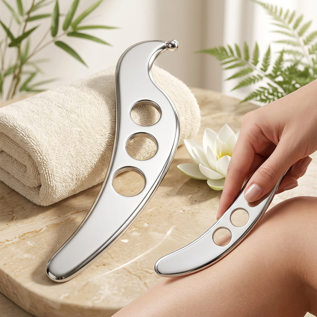 Gua sha metal en acier inoxydable présenté près d’une serviette, avec une démonstration de massage sur la jambe.