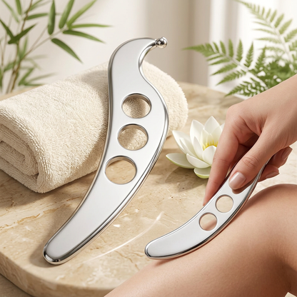 Gua sha metal en acier inoxydable présenté près d’une serviette, avec une démonstration de massage sur la jambe.