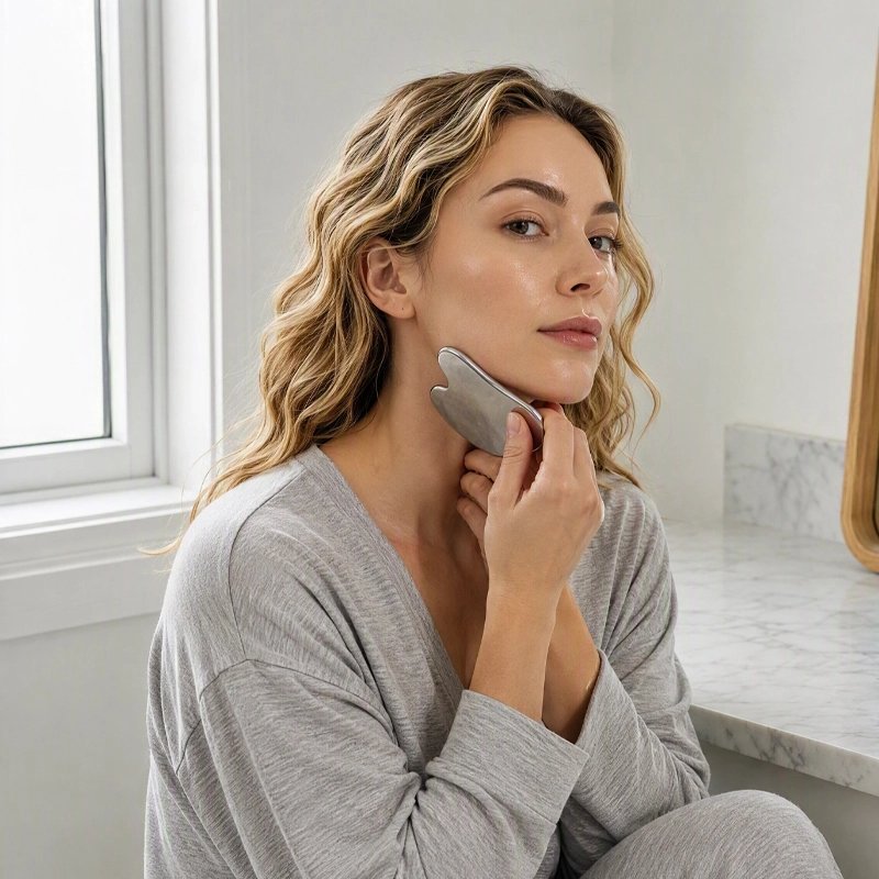 Gua sha métallique en forme de coeur femme soin du visage