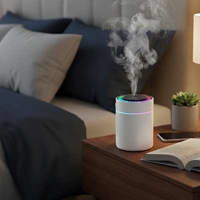 Humidificateur d'air chambre​ blanc sur table de chevet diffuse vapeur