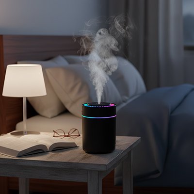Humidificateur d'air chambre​ noir sur table de nuit diffuse huiles essentielles