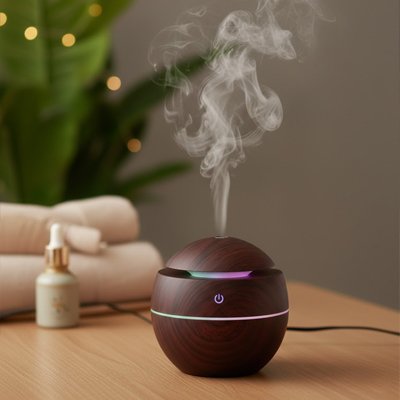 Humidificateur d'air diffusant des huiles essentielles sur table espace zen