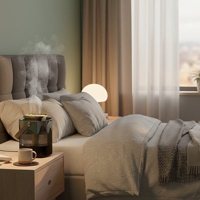 Humidificateur d'air​ diffuse vapeur huile essentielle sur table de nuit