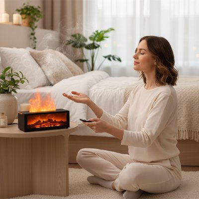 Humidificateur d'air diffuseur huile essentielle flamme table de nuit femme détendue
