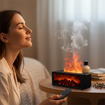 Humidificateur d'air femme zen respirant les vapeur d'huiles essentielles