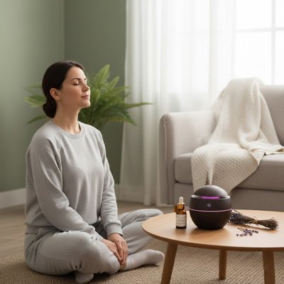 Humidificateur d'air sur table basse femme en position de yoga respirant détendue