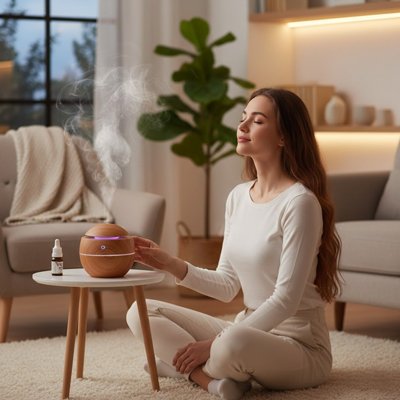 Humidificateur d'air sur table basse salon femme assise en tailleur détendue respirant les vapeurs d'huile essentielle