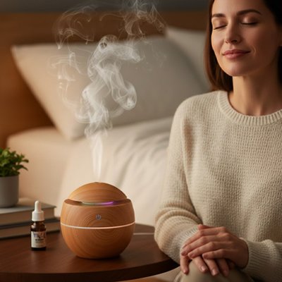 Humidificateur d'air sur table de chevet femme détendue respirant les vapeurs d'huile essentielle