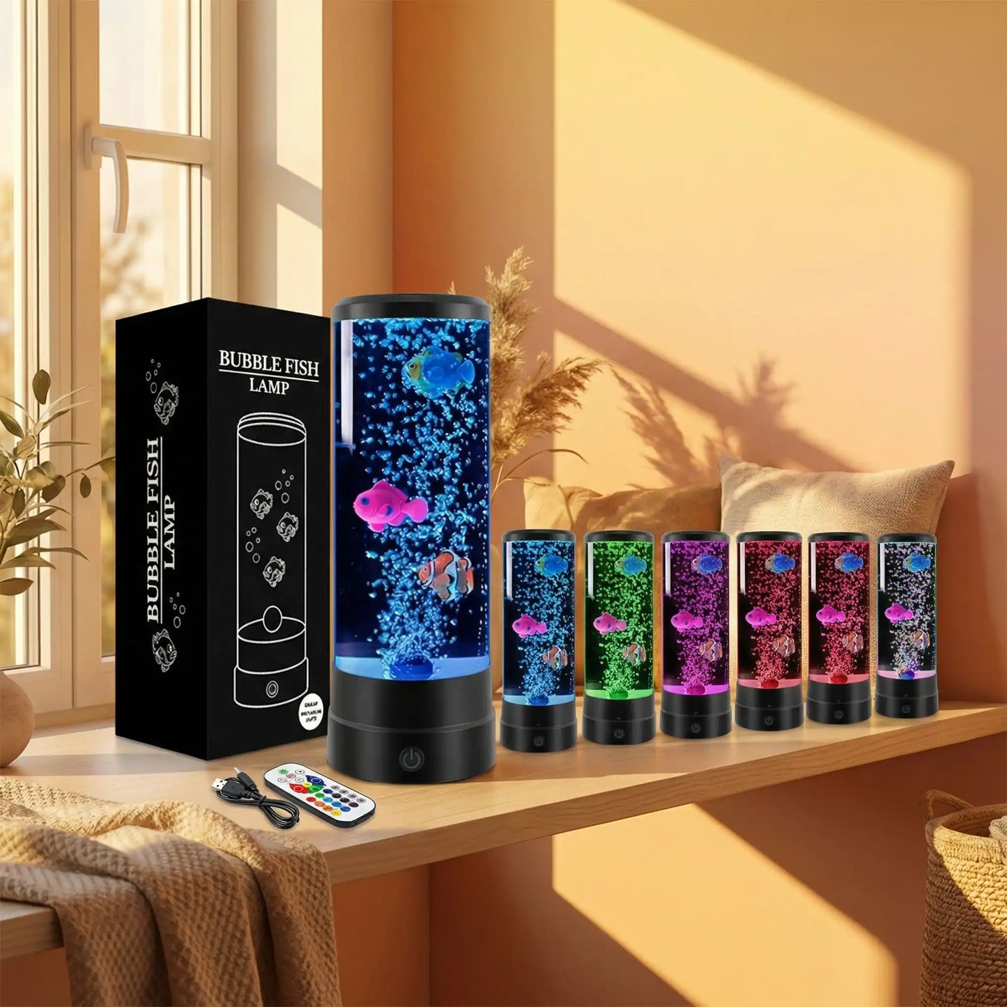 Lampes à lave aquarium LED avec poissons lumineux et effets colorés bleu vert rose mauve 
